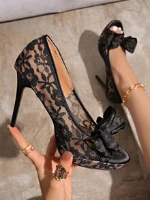2025 New Black Open Toe Fishnet Lace Embroidery Bow Waterproof Platform Sexy Thin High Heel Sandals For Women - Black - View 9