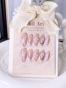 10-Piece Handcrafted Nude-Pink & Glitter Press-On Nails Set (S/M/L): Nude-Pink Base With Gold Glitter, White & Gold Trim Accents, Gentle Delicate Style, Shiny Glossy Texture, Fits Daily Commute, Casual Social & Dates