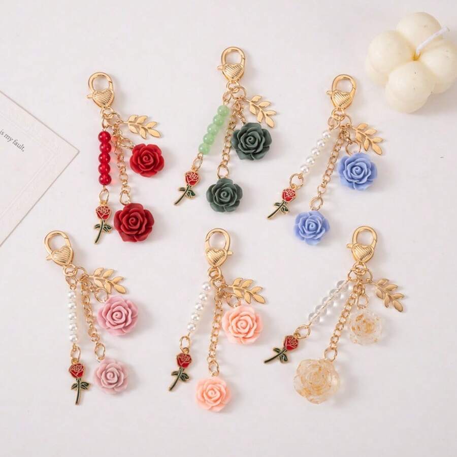 1pc Women'S Charm Beaded Rose Flower Keychain, Japanese Style, Resin Camellia, Alloy Round Buckle, Car Keychain, Bag Decoration, Valentine'S Day, Mother'S Day, Birthday For Friends Valentines Car Accessories Bag Charm School Cute Goth Y2k Christmas Gift Ideas - 粉色 - 查看 1