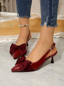2026 New Women's Pointed Toe Slingback High Heel Pumps, Solid Color Glossy Bowknot Elegant Dress Shoes, Spring/Summer - Burgundy - View 4