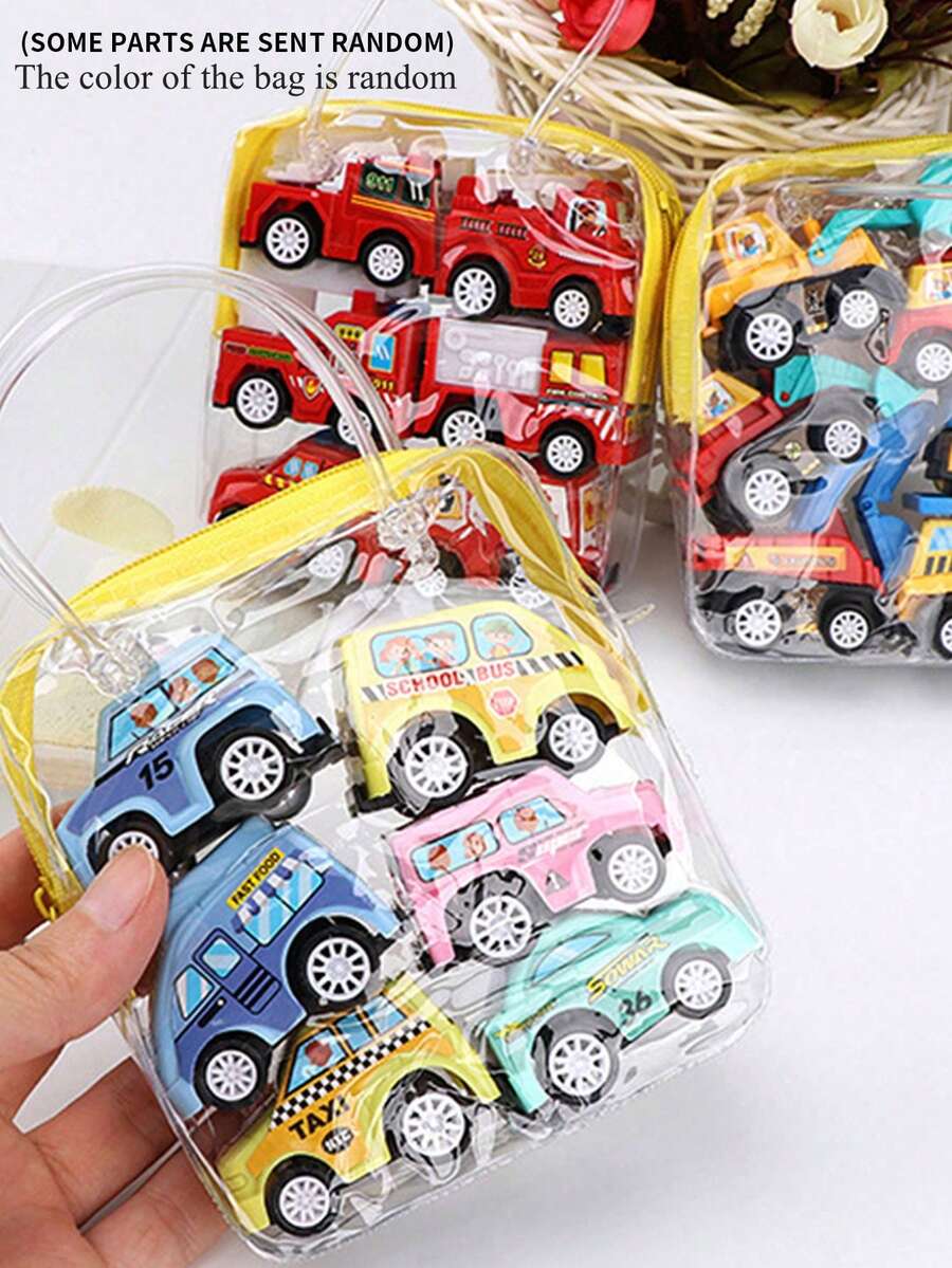 1 Tote Bag With 6 Random Color & Pattern Model Cars, Including Fire Truck, City Service Vehicles, Miniature Inertial Engineering Vehicles, Children Toys, Learning Supplies, Toys, Infant Toys, Baby Toys - Multicolor - View 1