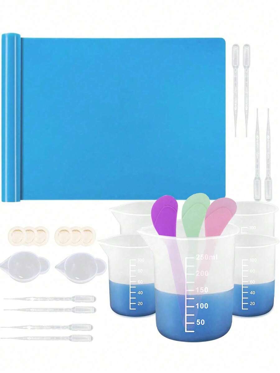 Silicone Resin Measuring Cup Tool Set, Non-Stick Silicone Cups (Suitable For Epoxy Resin), Reusable 250ml And 100ml Silicone Mixing Cups With Stirring Stick, Dropper, Epoxy Resin Supplies, Molds, Jewelry Making Tools - Resin Tools - View 1