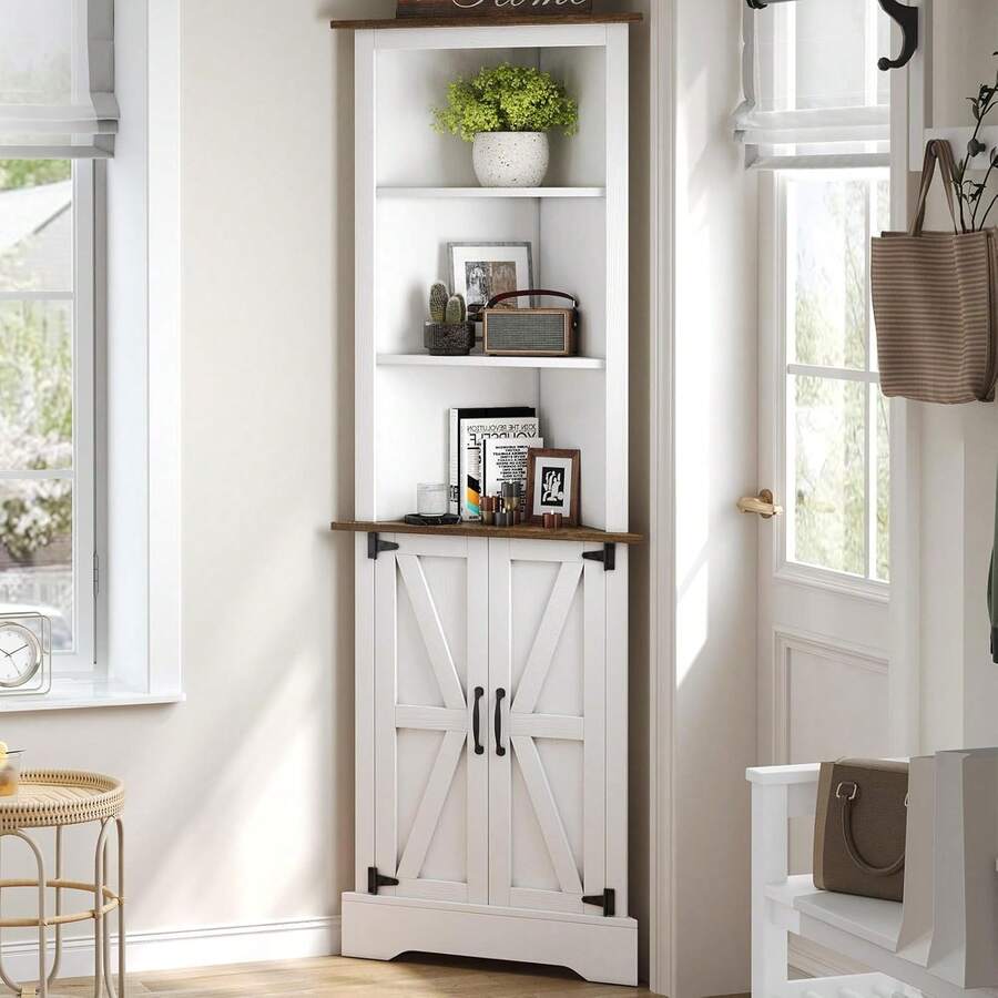 Farmhouse Corner Storage Cabinet With Doors, Tall Corner Cabinet With Shelves For Living Room, 5-Tier Corner Shelf With Home Space Saver For Bathroom, Hallway, White/ Grey/ Dark Oak - 白色 - 查看 1