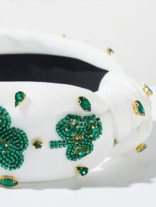 1pc Solid Color Fabric Wide Brim Knotted Headband, Fashionable Irish Festival Headpiece With Beaded Shamrock Jewel Decoration, Green Series, Versatile For Holiday - White - View 4