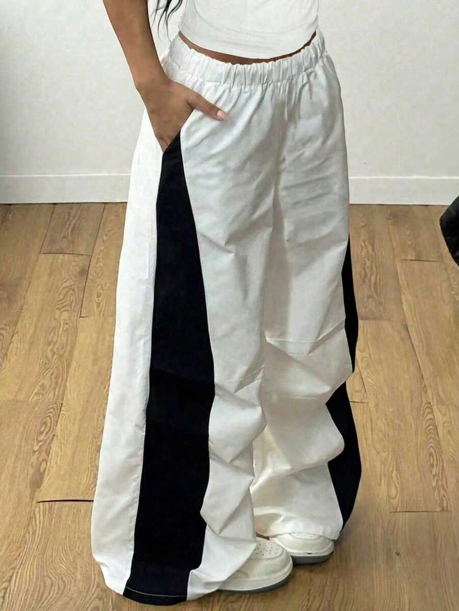 1pc Girl's Casual, Elegant, Versatile Color Block Straight Leg Pants, Suitable For Daily Wear, Sports, Outdoor Activities, Running, Spring/Summer/Autumn - White - View 1