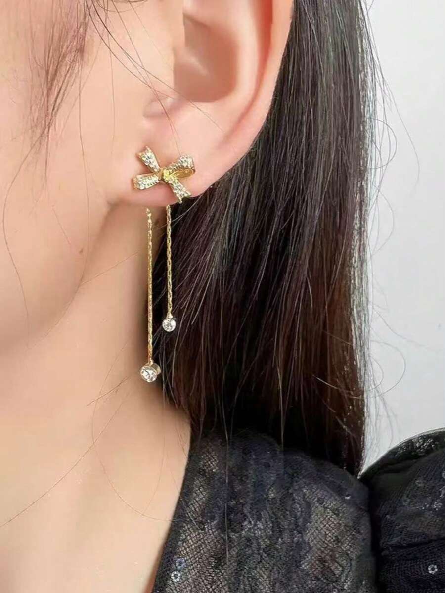 زوج من أقراط الأذن المرصعة بالشرابات والفيونكة الفاخرة، مناسبة للارتداء اليومي والمناسبات للنساء - ربطة القوس - مشاهدة 1