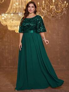 XUIBOL 高品质弹力优雅雪纺亮片拼接超修身大码V领晚礼服，适合约会、婚礼、派对、生日、周年纪念、鸡尾酒会、正式晚宴、婚礼宾客、单身派对、度假、夏秋季等场合。 - 墨綠色 - 查看 4