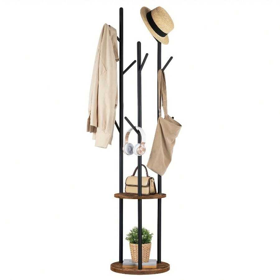 Coat Stand, Coat Rack for Hallway, Freestanding Coat Rack Stand with 8 Hooks, Storage Shelves, Hall Trees for Clothes, Rustic Brown - A-Braun - Übersicht 1