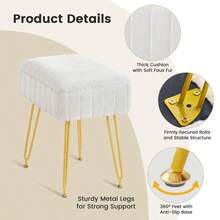 de cambiador con almacenamiento, silla de maquillaje de piel sintetica blanca con 4 patas de metal y pies antideslizantes, asiento acolchado suave, reposapies pequeo otomano, taburete - Blanco - Ver 7