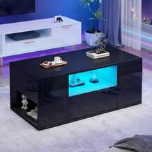 Coffee Table (100 X 50 X 40 Cm), Side Table With One Drawer, Sofa Table With Two Cabinets, High-Gloss Living Room Table With LED Light Strips, Coffee Table With 6 Storage Compartments, Black - Black - View 3