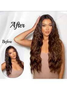 22-Inch Artificial Curly Hair Clip-On Wig Set - Long Wavy Clip-On Hair Cap - Hair - 6-Piece Clip-On Full Head Cover - Brown - View 5