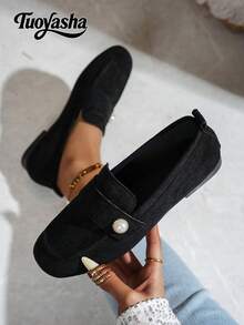 New Fashion Metal Buckle Decor Strap Slip-On Shoes, Stylish Loafers, Comfortable Non-Slip Versatile Design Suitable For Daily Wear And Commuting - Black - View 1