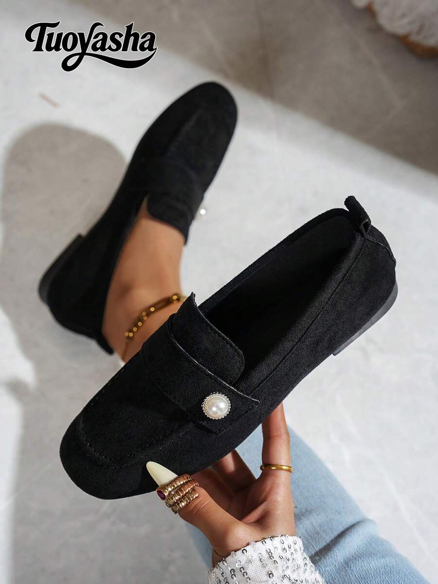 New Fashion Metal Buckle Decor Strap Slip-On Shoes, Stylish Loafers, Comfortable Non-Slip Versatile Design Suitable For Daily Wear And Commuting - Black - View 1