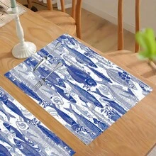 1pc/4pcs/6pcs Geometric Fish School Pattern Linen Placemats, Suitable For Dining Table, All Season Decor, Modern Washable Table Mats, Room Decor, Coasters, Kitchen Dining Mats, Indoor Outdoor Party Decoration, Home Decor, Ideal Gift - Multicolor - View 9