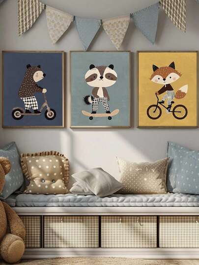 1 st. Canvastavla med kanvas_Cool väggdekoration med skogsdjur: Björn som åker skoter, tvättbjörn som åker skateboard, räv som - Lekfull dekorativ målning - Barnrumsinredning, sovrumsinredning, babyprodukter_Inramad väggkonst för barnrum, perfekt för lekrumsinredning, barnrumsinredning, barnomsorgsinredning, förskoleinredning, pojkrumsinredning, flickrumsinredning