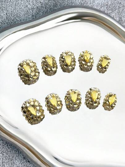 10pcs/Pack Oval Handmade Press-On Nails, Transparent Nail Tips With Yellow Rhinestones, Shiny Full Coverage 3D Design - Full Coverage DIY Glitter Artificial Nails, Suitable For Party, Outdoor, Beach, Daily, Holiday, Gathering, Work And Special Occasions