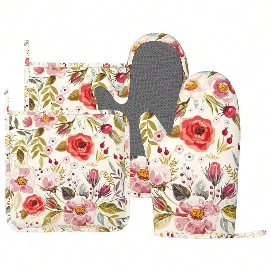Wildflowers Floral Oven Mitts Pot Holders Set Silicone Heat Resistant Botanical Floral Oven Mitts And Hot Pads Potholders Non-Slip Oven Gloves For CooFKing BaFKing Grilling BBQ,RedGreenBeige - 紅綠米色 - 查看 1