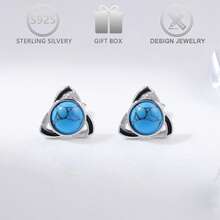 1 par de pendientes de botón de plata de ley 925 con diseño geométrico hueco de triángulo y turquesa sintética, adecuados para uso diario, casual, vacaciones, días festivos, regalo de cumpleaños - Plateado - Ver 3
