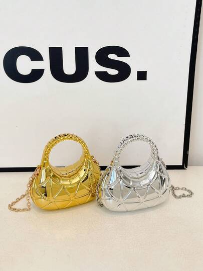 1 Pc Y2K Metallic Geometric Pattern Mini Handbag, Shiny Top-Handle Bag, Chain Crossbody Bag,Lipstick Pouch,Purse,Banquet Bag,For Women/Student/Girl, For Daily Use/Gift Giving/Vacation/Party/Festival/Banquet