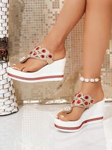 Women's Fashion Platform Wedge Sandals, Pearl & Rhinestone Decor, Slip-On Floral Thong Sandals, Casual Style For Spring/Summer Outdoor & Commute - Red - View 1