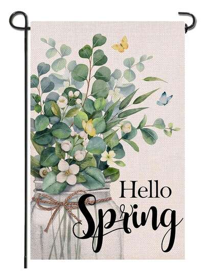 1pc Fresh Spring Bouquet Garden Flag, "Hello Spring" Eucalyptus Leaf Decor Flag, Outdoor Yard Spring Decoration Flag (Flagpole Not Included)