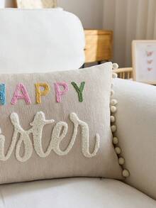 1pc Khaki Easter Bunny Embroidered Throw Pillow Cover, Happy Easter Pillowcase, Suitable For Indoor Decor, Spring/Summer Cushion Cover, Pillow Insert Not Included - Khaki - View 7