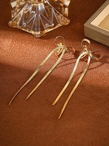 1件女士时尚简约18K镀金铜蝴蝶结颈链，无需耳洞，流苏耳夹，适合节日、派对和日常佩戴，天鹅绒袋包装 - 金色 - 查看 11