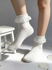 1 Pair Women's Pure White Lace Ruffle Star Trim Cute & Versatile Mid-Calf Socks, New Style For Spring, Summer, Autumn - White - View 9