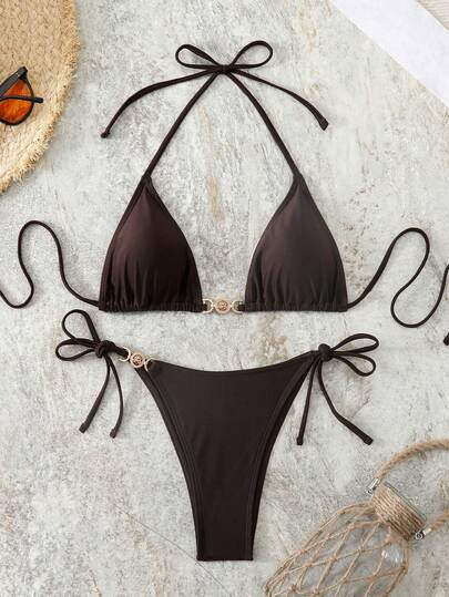 Conjunto de bikini de unicolor, elegante y sexy con nudo y espalda descubierta para mujer, ideal para vacaciones en la playa