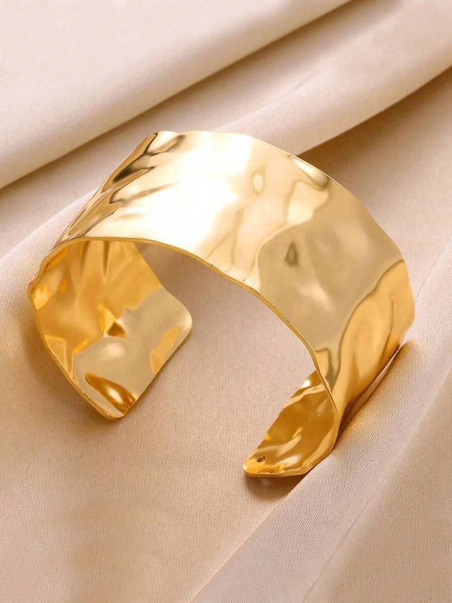 1pc 18K Platinum Plated Stainless Steel Open Bracelet With Concave And Convex Design Suitable For Parties, Dates, Office Wear - Multicolor - View 1