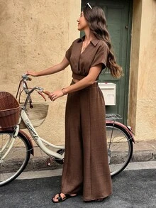 2pcs Women's Linen Blend Crossed V-Neck Wide Leg Suit Summer - Brown - View 6