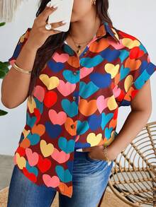 Plus Size Ruffle V-Neck Short Sleeve Shirt, Heart Print For Valentine's Day - Multicolor - View 2