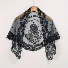 1 Lace Triangle Scarf - White Background Black Floral Embroidered Veil, Vintage Tulle Church Style Veil For Wedding, Outdoor Occasion, Machine Washable, Hair Trim Bandana, Wedding Accessories, Classic Elegance, Mature Aesthetics, Fine Embroidery, Non-Stretch Fabric, Formal Occasion, Delicate Embroidery, Dignified Fashion - trắng - Xem 2