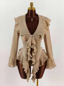 Plus Size Women Ruffled Knit Cardigan, Elegant Bell Sleeve Sweater, Casual Beach Holiday Party Outfit For Spring/Summer/Autumn - Khaki - View 3