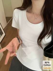 女士纯色短袖T恤，百搭修身休闲T恤 白色 夏季 - 白色 - 查看 3