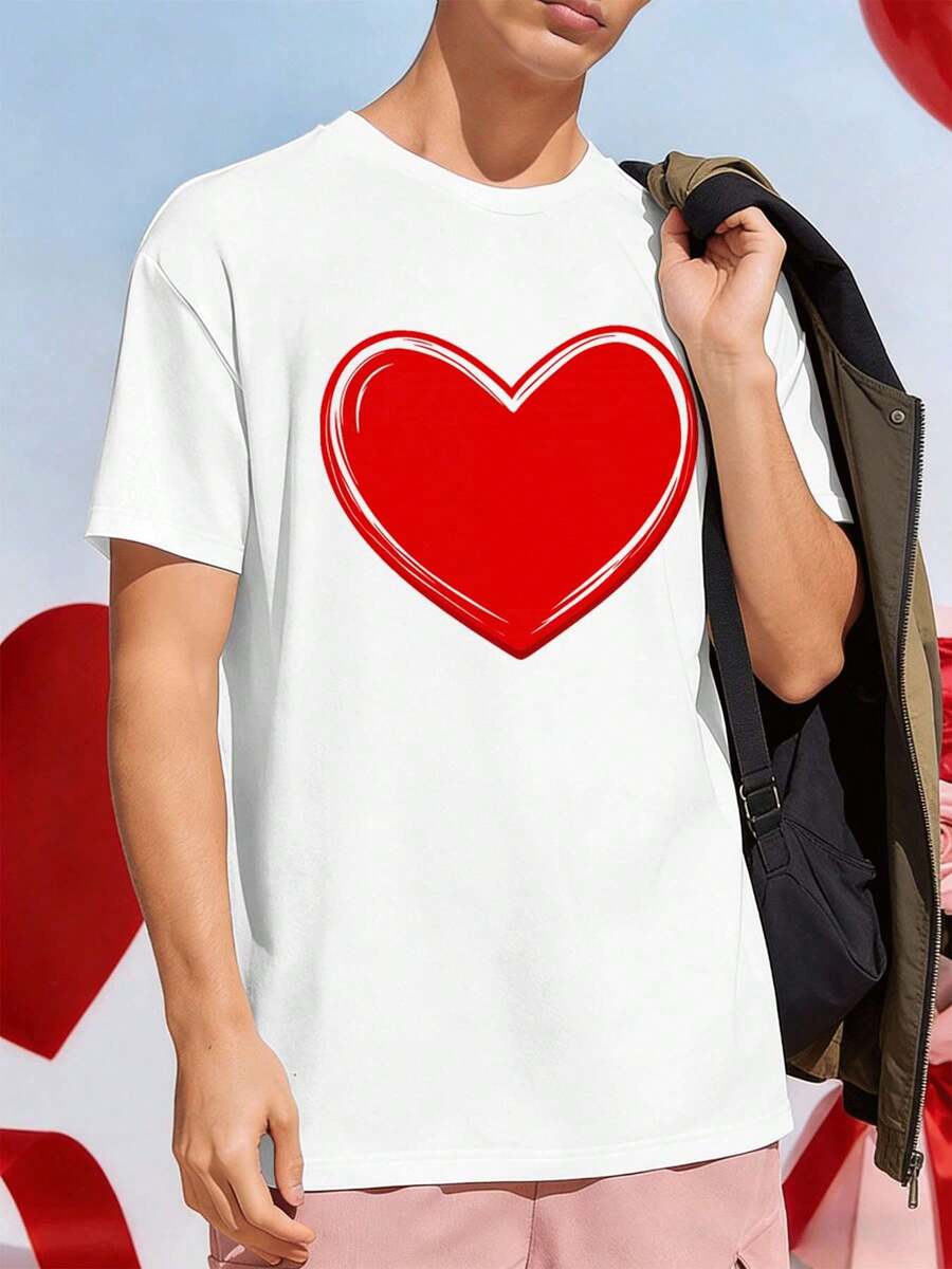 Camiseta blanca con estampado de corazón rojo, material de primera calidad, ajuste cómodo, aspecto informal, estampado llamativo. - Blanco - Ver 1
