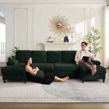 112" Upholstered U Shaped Sectional Couches, Corduroy Living Room Furniture,Large 4-Seater Sofa With Double Chaises And Sleepable Armrests,Throw Pillows For Couches Sofas Living Room - Verde - Ver 5