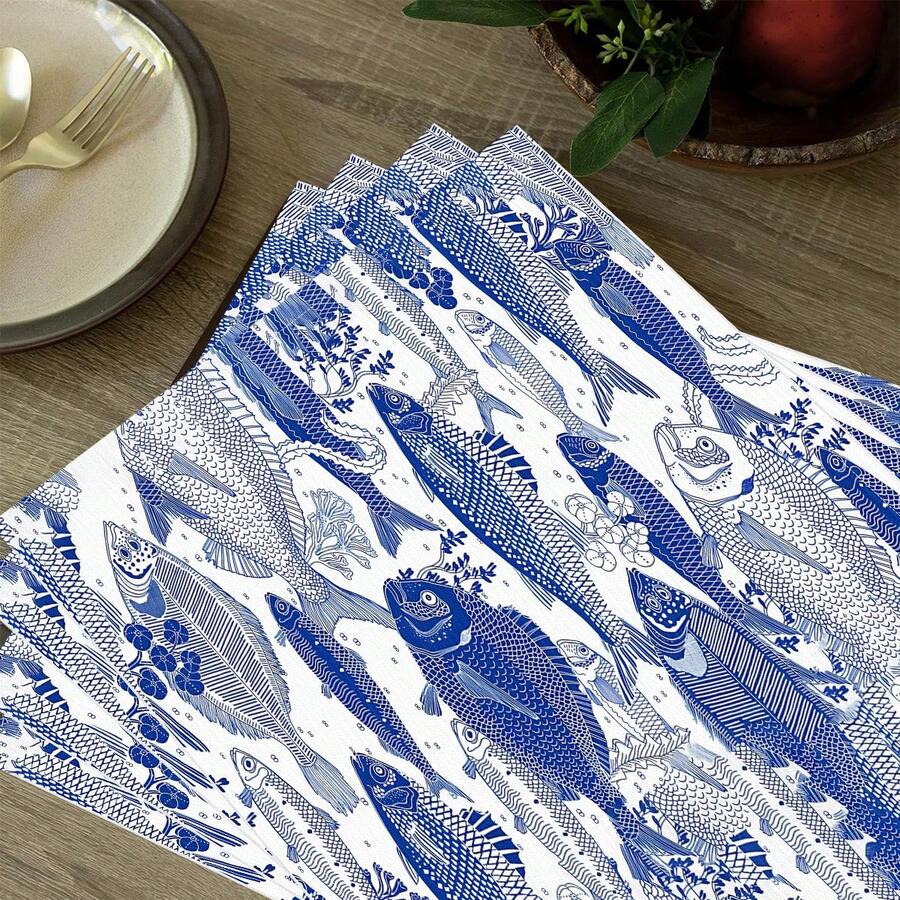 1pc/4pcs/6pcs Geometric Fish School Pattern Linen Placemats, Suitable For Dining Table, All Season Decor, Modern Washable Table Mats, Room Decor, Coasters, Kitchen Dining Mats, Indoor Outdoor Party Decoration, Home Decor, Ideal Gift - Multicolor - View 1