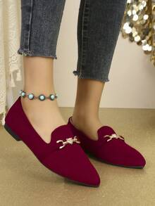 Women's Fashionable & Comfortable Burgundy Pointed Toe Loafers With Metallic Leopard Head Decor, Elegant Flat Shoes - Burgundy - View 4