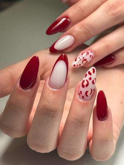 Sanrio This Set Contains 24 Medium-Sized Almond-Shaped Nail Stickers, Blending Modern Elegance Of Autumn/Winter And The Classic Charm Of Valentine's Day To Enhance Your Overall Look. The Set Includes Classic Solid Wine Red Design, Unique Wine Red And Cream Leopard Print Patterns, As Well As Minimalist Wine Red French Manicure Stickers, Adding A Unique Touch To You. It Is The Perfect Choice For Romantic Valentine's Day Dates, Casual Gatherings, New Year's Parties, And Holiday Events.