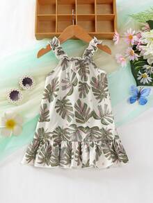 Baby GirlSleeveless Dress, Apricot Base With Green Leaf Print, Ruffle Hem, Loose And Comfortable Fit, Fresh Tropical Style, Suitable For Summer Casual Outings - Green - View 2