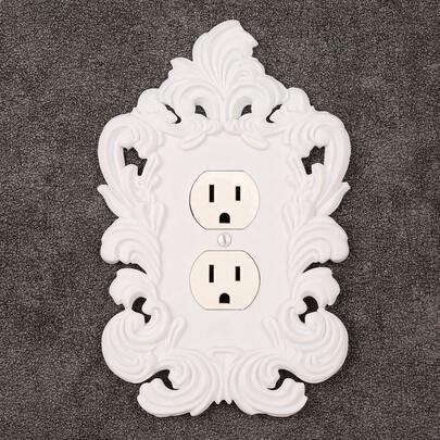 1 pieza Marco decorativo tallado blanco francés para toma de corriente, cubierta de panel de control de pared con patrón floral hueco vintage, pegatina decorativa de lujo para toma de pared, adecuada para la decoración del tablero de interruptores del hogar