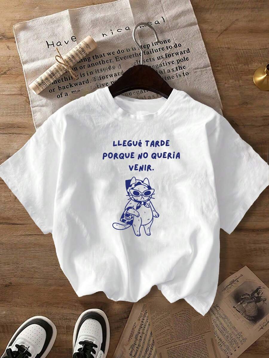 Women's Cool And Chic Cat Print Summer Casual Fashionable Round Neck Short-Sleeved T-Shirt - White - View 1