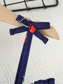 Young Girl Cherry Print Ruffle Chest Tie Strap Dress - Navy Blue - View 5