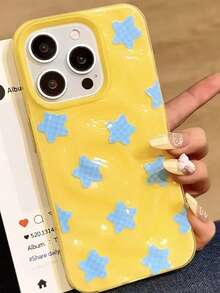 Y2K 可爱蓝色网格星形褶皱图案软手机壳，兼容 17 Pro Max、17 Pro、17 Air、16 Pro Max、14、15 Pro、16 Plus、13、12、11 - 黃色 - 查看 2