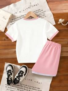 2pcs/Set Girls' Creative Bow Print T-Shirt And Shorts, Suitable For Summer, Spring/Summer New Outdoor Casual Wear - Multicolor - View 3