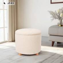 Taburete Otomano de Tela Teddy con Asiento Acolchado y Tapa de MDF como Mesa Auxiliar, Reposapies con Bal de Almacenaje para Sala y Recmara Tela Teddy, Blanco - Osito de tela blanco - Ver 2