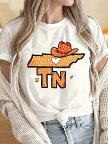 Women And Men T-Shirts With Round Neck And Short SleevesTennessee State Map Cowgirl Hat Polka Dot Tn Tee Shirt Women Country Western Fashion Top Orange Design Heart DetailFun Prints Are Suitable For Christmas Partysports Activitiesholiday Partiesoutingssports And Other Holiday Gifts (220g). - trắng - Xem 2