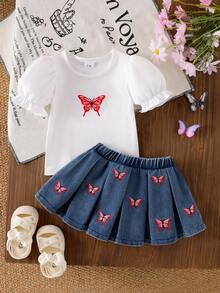 2pcs Baby Girl Fashion Butterfly Print Lantern Sleeve T-Shirt Top And Butterfly Embroidered Pleated Denim Mini Skirt Set - White - View 2