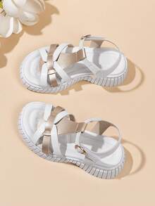 女童罗马凉鞋，新款夏季时尚厚底中跟绑带凉鞋，百搭仙女风女童夏季透气休闲厚底魔术贴软底凉鞋 - 白色 - 查看 2